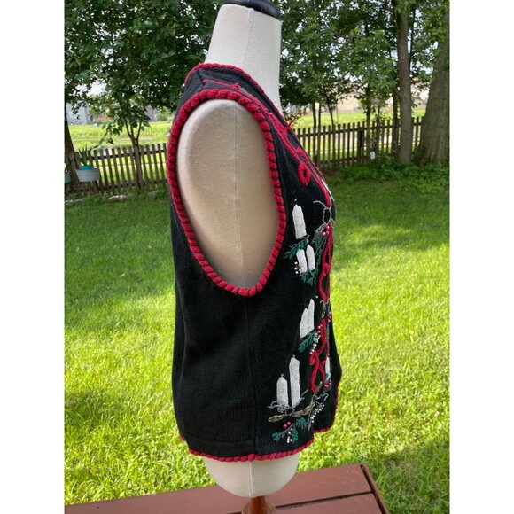 Vintage Victoria Jones Embroidered Holiday Vest M Black & Red Ramie/Cotton - Picture 7 of 8